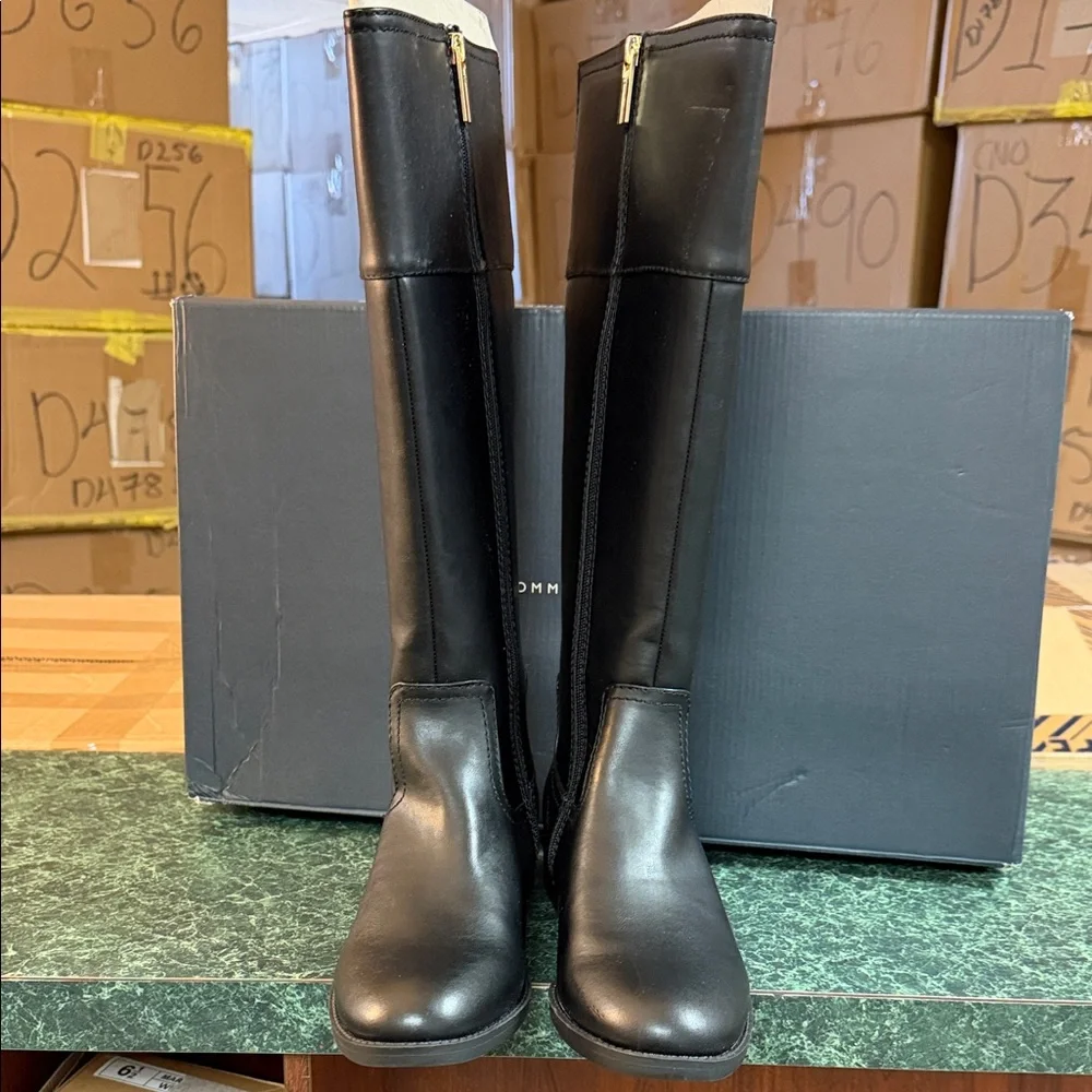 Tommy Hilfiger Black Knee-High Riding Boots with Logo Accent